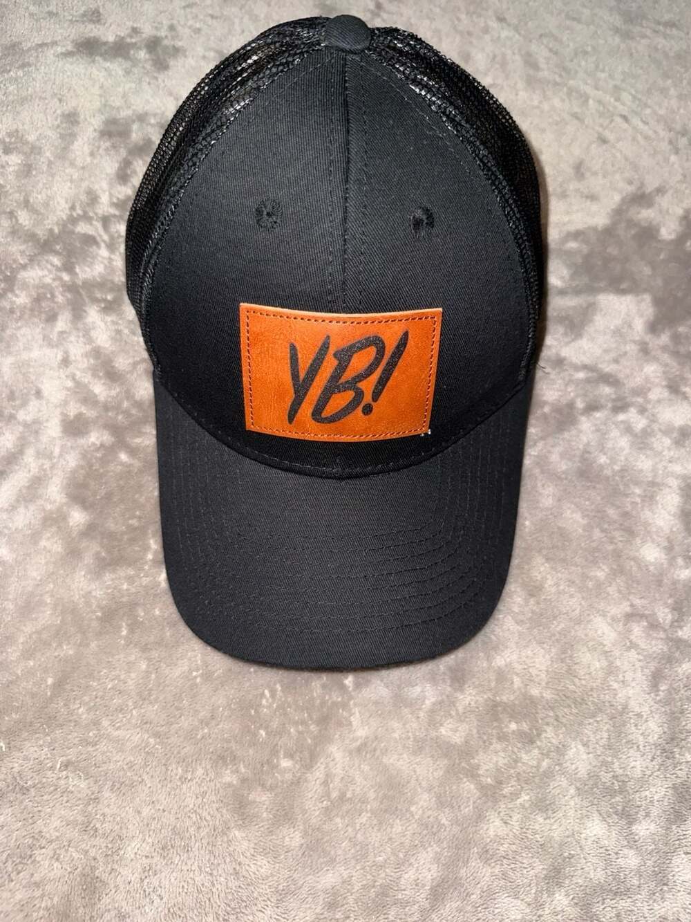 YB! Black Mesh Snapback Trucker Hat with Leather Patch